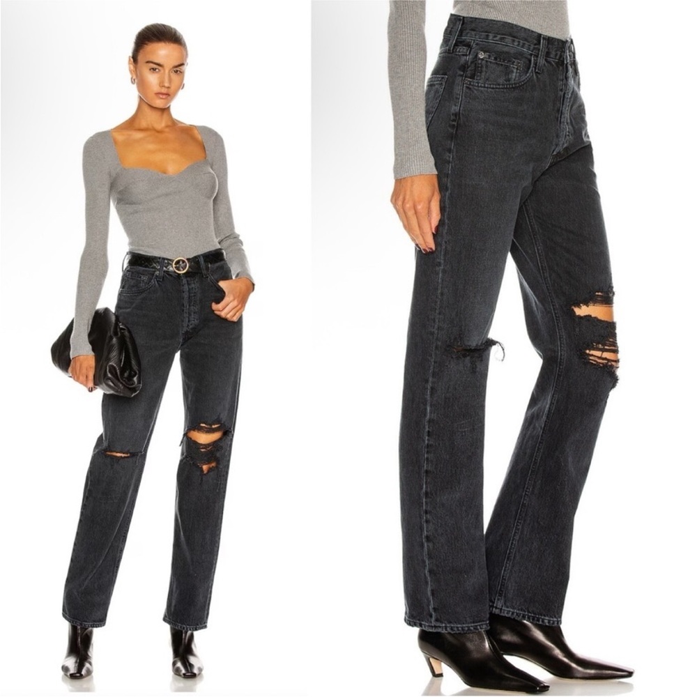 Agolde Black Lana mid rise Distressed Straight Leg Jeans